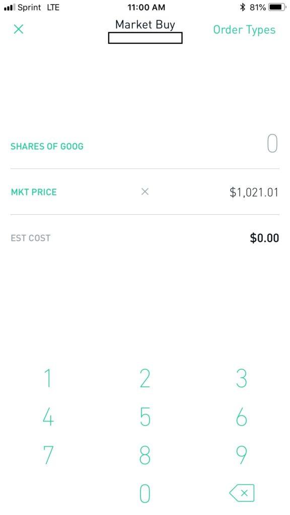 Robinhood buy stock app screen